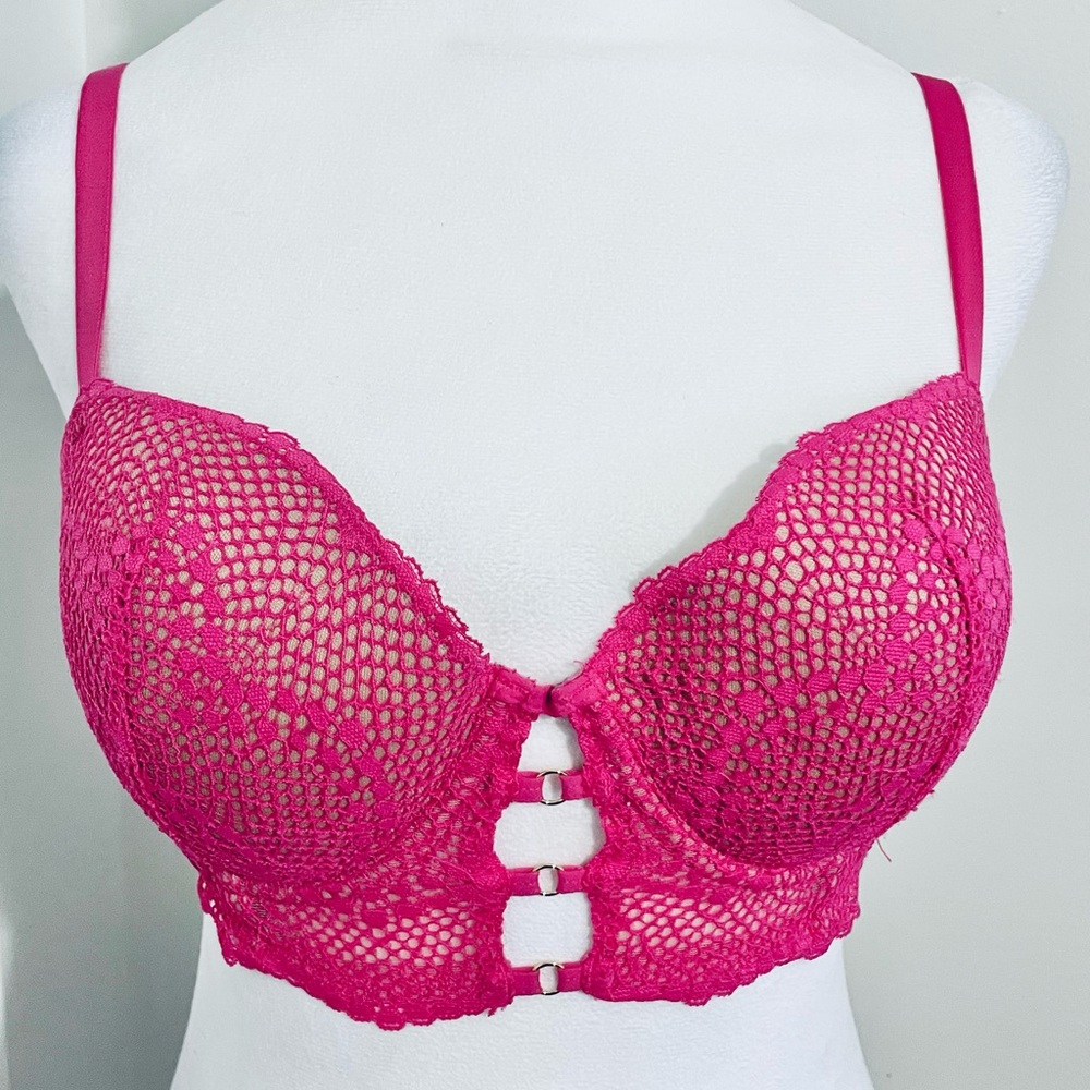 ADORE ME Push-up Balconette Bra Hot Pink Underwire Cut Out Side Boning 34D